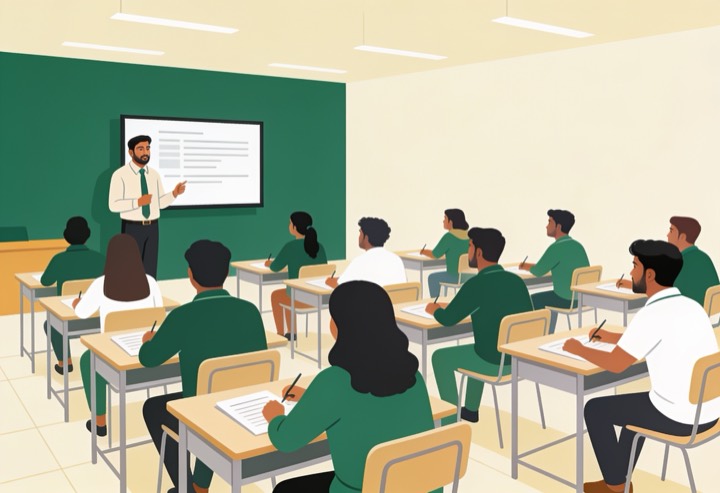 A teacher helping a student take a quiz on a tablet in class